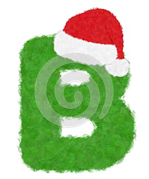 3D Ã¢â¬ÅGreen wool fur feather letterÃ¢â¬Â creative decorative with Red Christmas hat, Character B isolated in white background